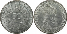 RDR – Habsburg – Österreich, REPUBLIK ÖSTERREICH. 600 Jahre Universität Wien. 50 Schilling 1965. 20,0 g. 0.900 Silber. 0.58 OZ. KM 2898. Stempelglanz,...