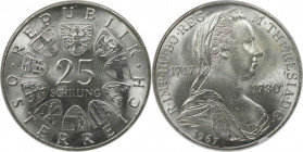 RDR – Habsburg – Österreich, REPUBLIK ÖSTERREICH. 250. Geburtstag von Maria Theresia. 25 Schilling 1967. 13,0 g. 0.800 Silber. 0.33 OZ. KM 2893. Stemp...