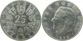 RDR – Habsburg – Österreich, REPUBLIK ÖSTERREICH. Peter Rosegger. 25 Schilling 1969. 13,0 g. 0.800 Silber. 0.33 OZ. KM 2905. Vorzüglich-stempelglanz, ...