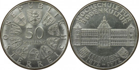 RDR – Habsburg – Österreich, REPUBLIK ÖSTERREICH. 100 Jahre Hochschule für Bodenkultur in Wien. 50 Schilling 1972. 20,0 g. 0.900 Silber. 0.58 OZ. KM 2...