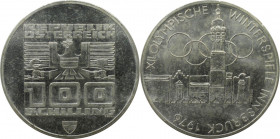 RDR – Habsburg – Österreich, REPUBLIK ÖSTERREICH. XII Olympische Winterspiele, Innbruck 1976 - Innsbrucker Stadtturm. 100 Schilling 1974. 24,0 g. 0.64...