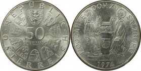 RDR – Habsburg – Österreich, REPUBLIK ÖSTERREICH. 1200 Jahre Dom zu Salzburg. 50 Schilling 1974. 20,0 g. 0.640 Silber. 0.41 OZ. KM 2921. Stempelglanz,...