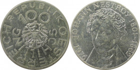 RDR – Habsburg – Österreich, REPUBLIK ÖSTERREICH. 175. Geburtstag von Johann Nestroy. 100 Schilling 1976. 24,0 g. 0.640 Silber. 0.49 OZ. KM 2932. Stem...