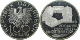 RDR – Habsburg – Österreich, REPUBLIK ÖSTERREICH. 200 Jahre Innviertel bei Österreich. 100 Schilling 1979. 24,0 g. 0.640 Silber. 0.49 OZ. KM 2943. Pol...