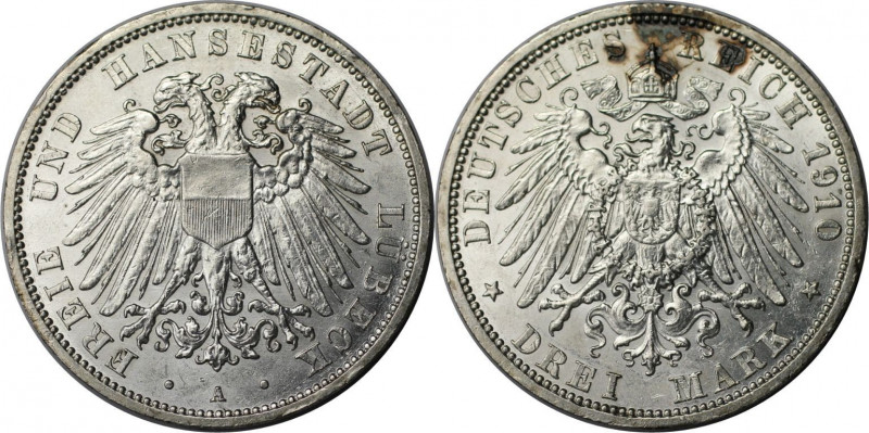 Deutsche Münzen und Medaillen ab 1871, REICHSSILBERMÜNZEN, Lübeck. 3 Mark 1910 A...