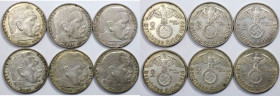 Deutsche Münzen und Medaillen ab 1871, 3. REICH 1933-1945. Paul von Hindenburg. 6 x 2 Reichsmark 1937-1939. Silber. Lot von 6 Münzen. Bild ansehen Lot...