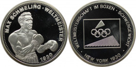 Deutsche Münzen und Medaillen ab 1945, BUNDESREPUBLIK DEUTSCHLAND. Max Schmelling Weltmeister. Medaille 1996. Zertifikat. Silber. Polierte Platte