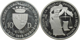 Europäische Münzen und Medaillen, Andorra. 50 Jahre Erklärung der Menschenrechte. 10 Diners 1998. 31,47 g. 0.925 Silber. 0.94 OZ. KM 143. Polierte Pla...