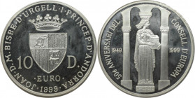 Europäische Münzen und Medaillen, Andorra. 50 Jahre - Europarat. 10 Diners 1999. 31,47 g. 0.925 Silber. 0.94 OZ. KM 153. Polierte Platte