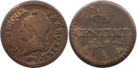 Europäische Münzen und Medaillen, Frankreich / France. Erste Republik (1794-1803). 1 Centime L'An 7 1798 A. Kupfer. 1,80 g. 18 mm. KM 646. Schön+