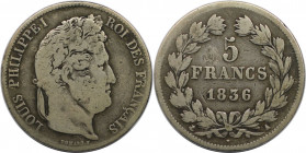 Europäische Münzen und Medaillen, Frankreich / France. Louis Philippe I. (1830-1848). 5 Francs 1836 A. Silber. KM 749.1. Schön+