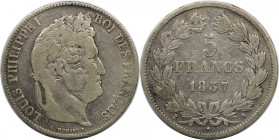 Europäische Münzen und Medaillen, Frankreich / France. Louis Philippe I. (1830-1848). 5 Francs 1837 A. Silber. KM 749.1. Schön+