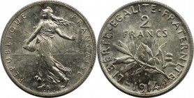 Europäische Münzen und Medaillen, Frankreich / France. Dritte Republik (1870-1940). 2 Francs 1914. 10,0 g. 0.835 Silber. 0.27 OZ. KM 845.1. Stempelgla...