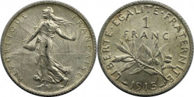 Europäische Münzen und Medaillen, Frankreich / France. Dritte Republik (1870-1940). 1 Franc 1915. Silber. KM 844.1. Fast Stempelglanz
