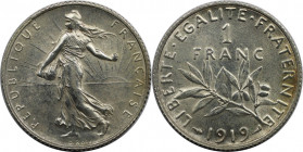 Europäische Münzen und Medaillen, Frankreich / France. Dritte Republik (1870-1940). 1 Franc 1919. 5,0 g. 0.835 Silber. 0.13 OZ. KM 844.1. Stempelglanz...