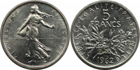 Europäische Münzen und Medaillen, Frankreich / France. 5 Francs 1962. 12,0 g. 0.835 Silber. 0.32 OZ. KM 926. Stempelglanz