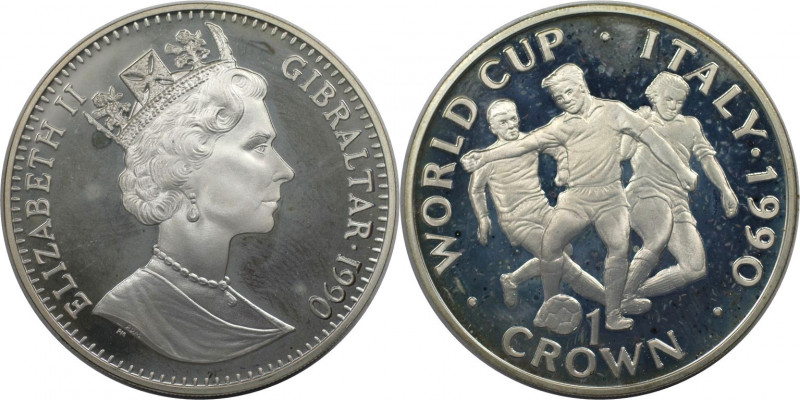 Europäische Münzen und Medaillen, Gibraltar. Weltcup-Fußball. 1 Crown 1990. 28,2...