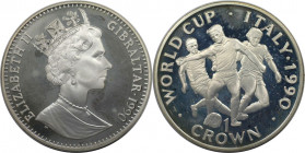 Europäische Münzen und Medaillen, Gibraltar. Weltcup-Fußball. 1 Crown 1990. 28,28 g. 0.925 Silber. 0.84 OZ. KM 38a. Polierte Platte