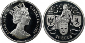 Europäische Münzen und Medaillen, Gibraltar. Europa umrahmt von drei Länderwappen. 21 Ecus 1995. 19,20 g. 0.925 Silber. 0.57 OZ. KM 498. Polierte Plat...