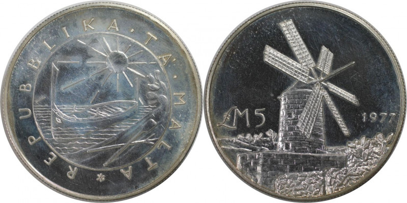 Europäische Münzen und Medaillen, Malta. Windmühle. 5 Pounds 1977. 28,28 g. 0.92...