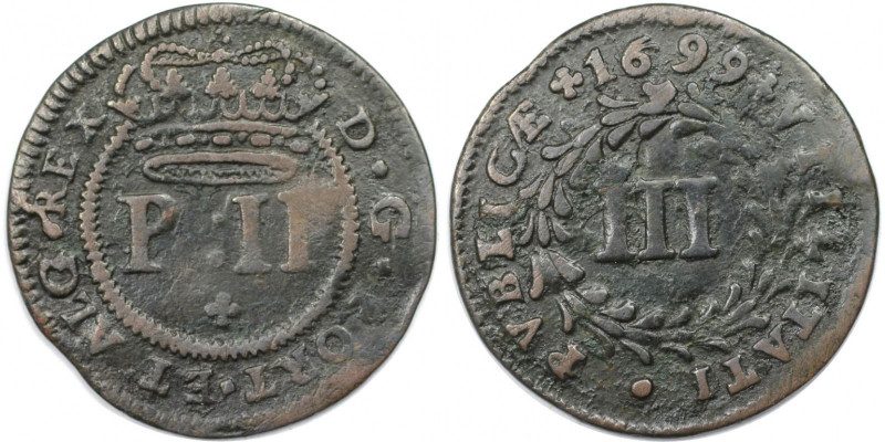 Europäische Münzen und Medaillen, Portugal. Peter II. 3 Reis 1699. Kupfer. KM 16...