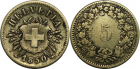 Europäische Münzen und Medaillen, Schweiz / Switzerland. Helvetia. 5 Rappen 1850 BB, Straßburg. Billon. KM 5. Sehr schön