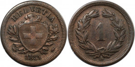 Europäische Münzen und Medaillen, Schweiz / Switzerland. Helvetia. 1 Rappen 1851 A, Paris. Bronze. KM 3.1. Vorzüglich