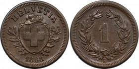 Europäische Münzen und Medaillen, Schweiz / Switzerland. Helvetia. 1 Rappen 1868 B, Bern. Bronze. KM 3.1. Fast Stempelglanz