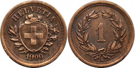 Europäische Münzen und Medaillen, Schweiz / Switzerland. Helvetia. 1 Rappen 1900 B, Bern. Bronze. KM 3.1. Fast Vorzüglich