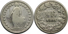 Europäische Münzen und Medaillen, Schweiz / Switzerland. Helvetia. 1/2 Franken 1901 B. Silber. KM 23. Schön+