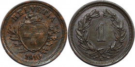 Europäische Münzen und Medaillen, Schweiz / Switzerland. Helvetia. 1 Rappen 1910 B, Bern. Bronze. KM 3.2. Fast Stempelglanz. Seltenster Jahrgang!
