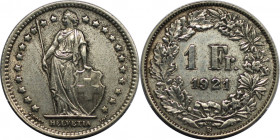 Europäische Münzen und Medaillen, Schweiz / Switzerland. Helvetia. 1 Franken 1921 B. Silber. KM 24. Sehr schön