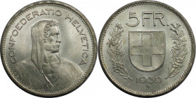 Europäische Münzen und Medaillen, Schweiz / Switzerland. 5 Franken 1939 B. 15,0 g. 0.835 Silber. 0.40 OZ. KM 40. Stempelglanz. Erhaltung!