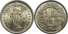 Europäische Münzen und Medaillen, Schweiz / Switzerland. Helvetia. 1 Franken 1944 B. 5,0 g. 0.835 Silber. 0.13 OZ. KM 24. Stempelglanz. Erhaltung!