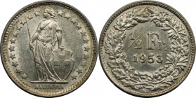 Europäische Münzen und Medaillen, Schweiz / Switzerland. Helvetia. 1/2 Franken 1953 B. 2,5 g. 0.835 Silber. 0.067 OZ. KM 23. Fast Stempelglanz