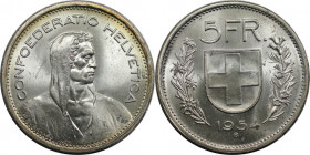 Europäische Münzen und Medaillen, Schweiz / Switzerland. 5 Franken 1954 B. 15,0 g. 0.835 Silber. 0.40 OZ. KM 40. Stempelglanz