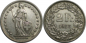 Europäische Münzen und Medaillen, Schweiz / Switzerland. Helvetia. 2 Franken 1955 B. Silber. KM 21. Fast Vorzüglich