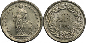 Europäische Münzen und Medaillen, Schweiz / Switzerland. Helvetia. 1/2 Franken 1959 B. 2,5 g. 0.835 Silber. 0.067 OZ. KM 23. Stempelglanz