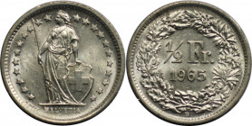Europäische Münzen und Medaillen, Schweiz / Switzerland. Helvetia. 1/2 Franken 1965 B. 2,5 g. 0.835 Silber. 0.067 OZ. KM 23. Stempelglanz