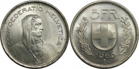 Europäische Münzen und Medaillen, Schweiz / Switzerland. 5 Franken 1969 B. 15,0 g. 0.835 Silber. 0.40 OZ. KM 40. Stempelglanz