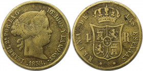 Europäische Münzen und Medaillen, Spanien / Spain. Isabella II. (1833-1868). 4 Reales 1858, Barcelona. Silber. KM # 608.1 (8-spitze Sterne). Sehr schö...