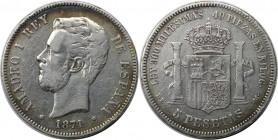 Europäische Münzen und Medaillen, Spanien / Spain. Amadeo I. 5 Pesetas 1871 DE - M. Silber. KM 666. Sehr schön+