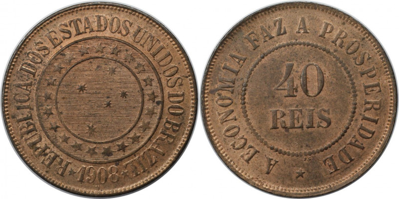 Weltmünzen und Medaillen, Brasilien / Brazil. 40 Reis 1908. Bronze. KM 491. Stem...