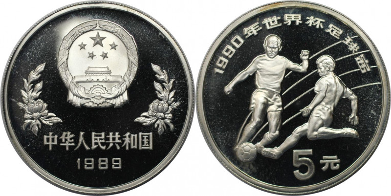 Weltmünzen und Medaillen, China. Fußball-WM 1990 in Italien. 5 Yuan 1989. 27,0 g...