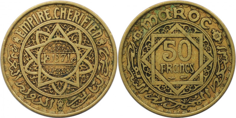 Weltmünzen und Medaillen, Marokko / Morocco. Mohammed V. 50 Francs 1952 (AH 1371...