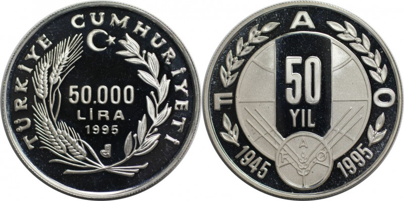 Weltmünzen und Medaillen, Türkei / Turkey. F.A.O. 50 Jahre. 50000 Lira 1995. 23,...