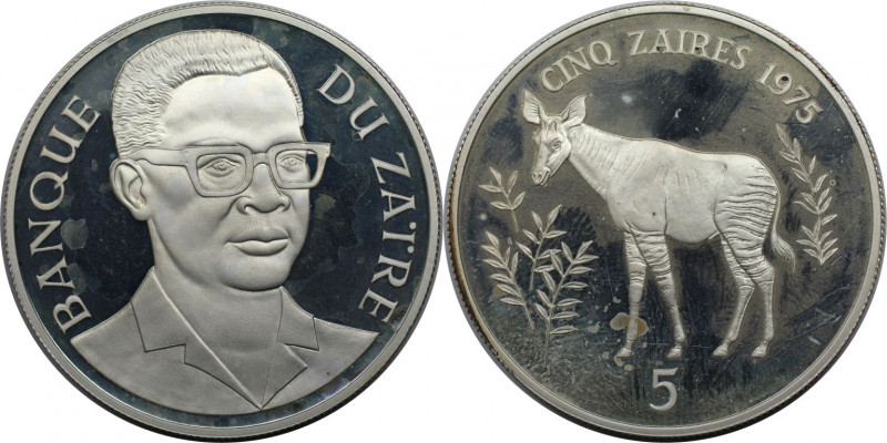 Weltmünzen und Medaillen, Zaire. Rettet die Tierwelt: Okapi. 5 Zaires 1975. 35,0...