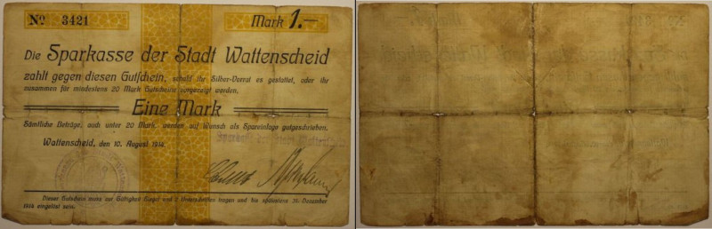 Banknoten, Deutschland / Germany. Wattenscheid, (Wfl). Sparkasse der Stadt. 1 Ma...