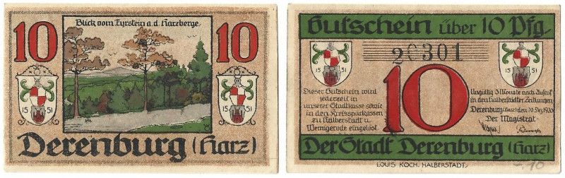 Banknoten, Deutschland / Germany. Derenburg (Harz). 10 Pfennig 1920 Notgeld. Kas...