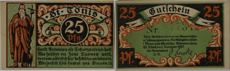 Banknoten, Deutschland / Germany. Notgeld St. Tönis. 25 Pfennig 1921. Mehl 1167,...